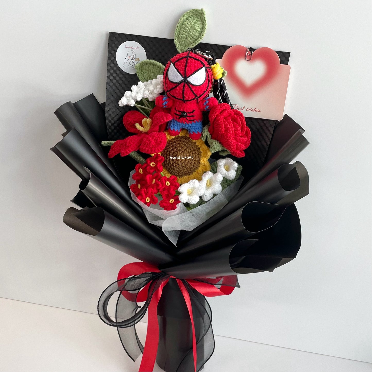 handicroft handmade spider superhero crochet flower bouquet web of love red