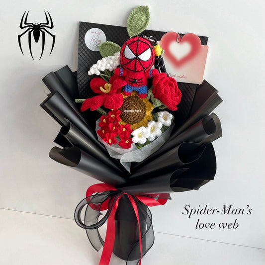 handicroft handmade spider superhero crochet flower bouquet web of love red