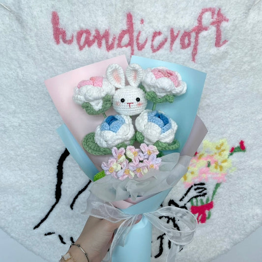 handicroft pink & blue rabbit crochet flower bouquet bunny blossoms