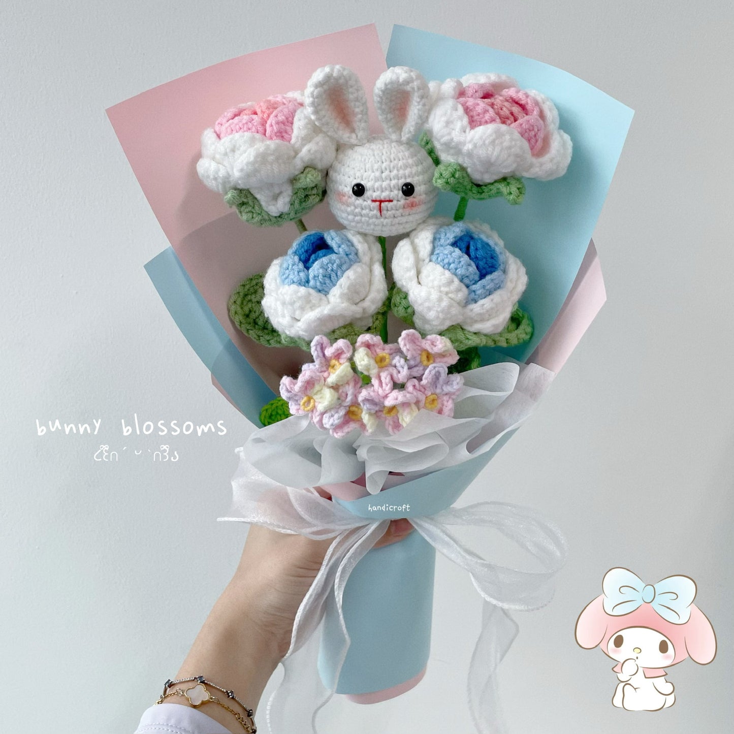 handicroft pink & blue rabbit crochet flower bouquet bunny blossoms