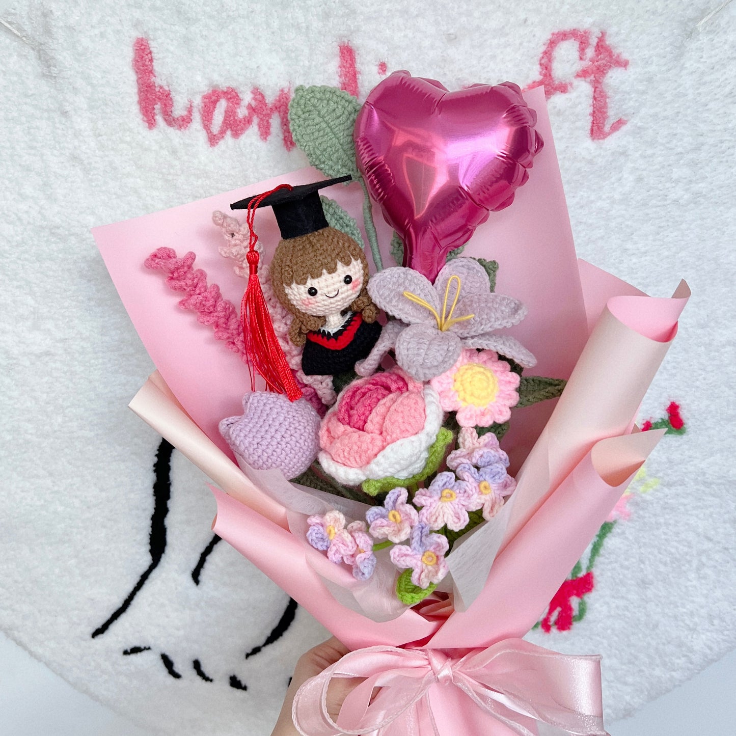 handicroft singapore crochet flower bouquet mixed petal triumph pink and purple pastel ombre theme