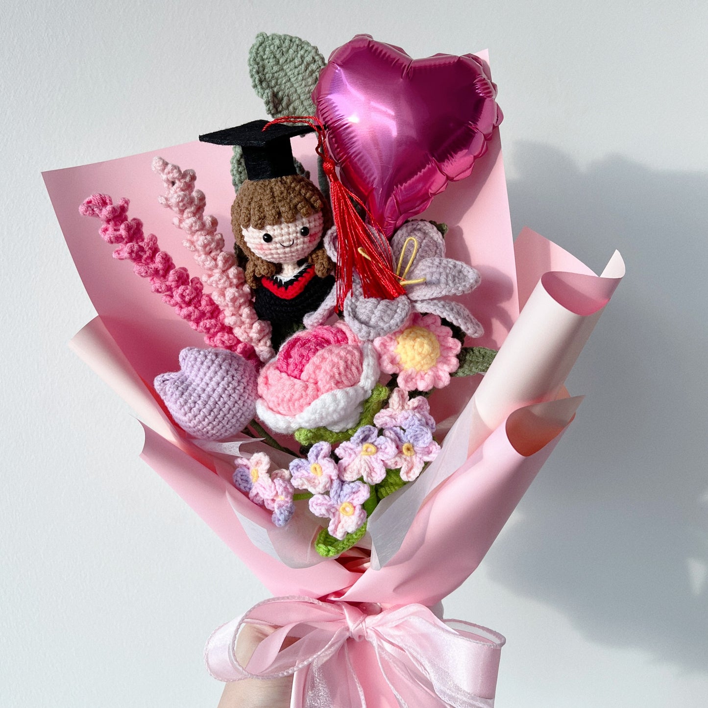 handicroft singapore crochet flower bouquet mixed petal triumph pink and purple pastel ombre theme