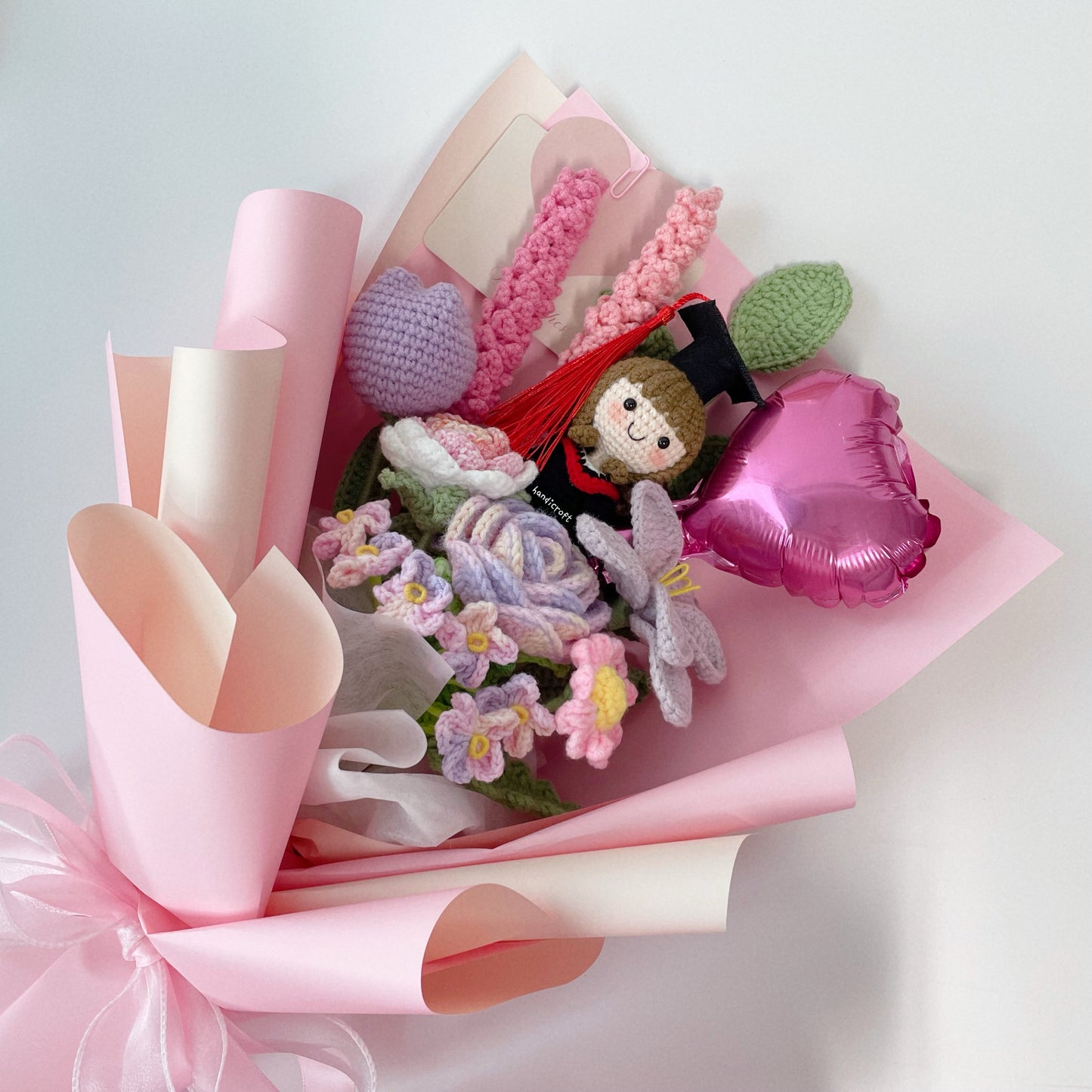 handicroft singapore crochet flower bouquet mixed petal triumph pink and purple pastel ombre theme