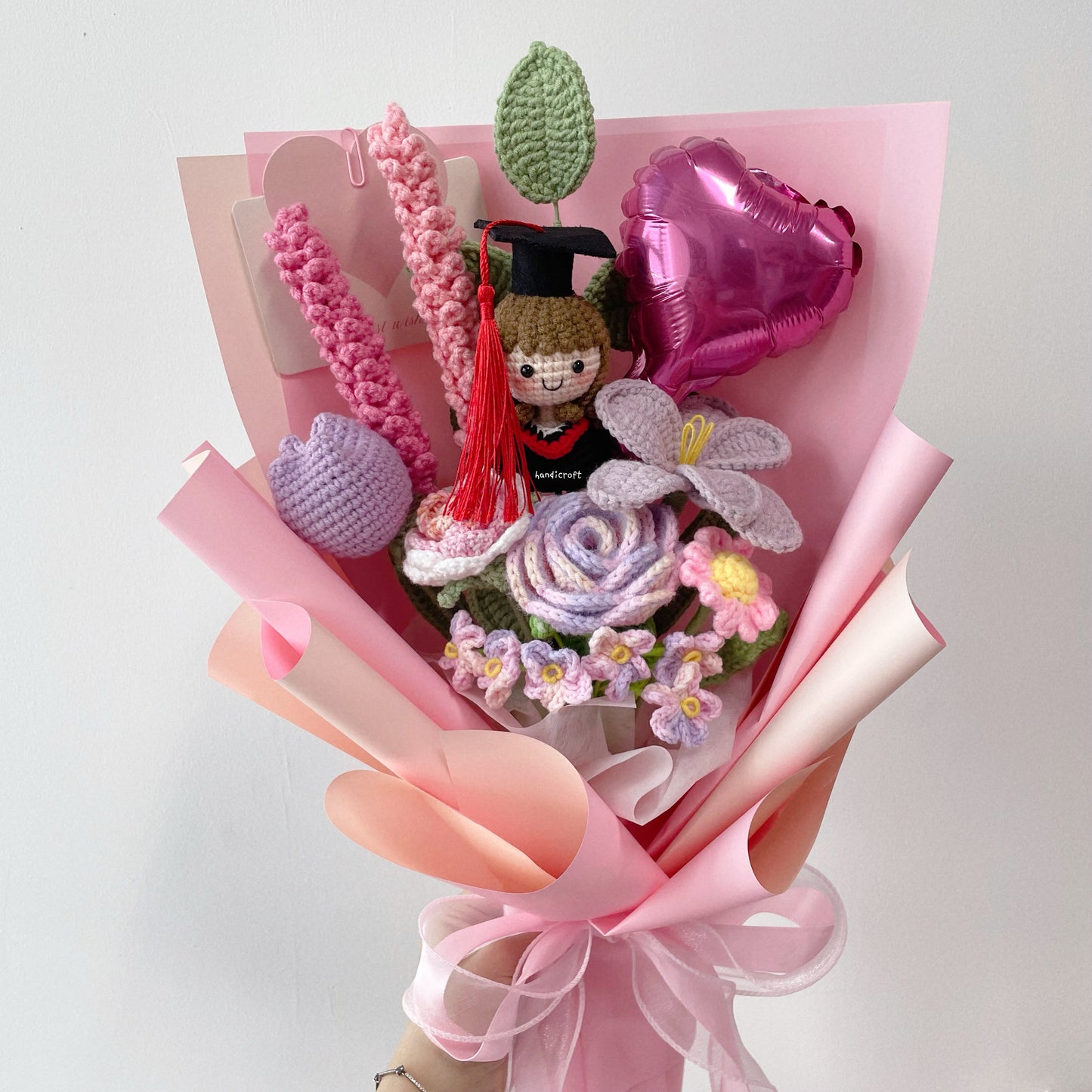 handicroft singapore crochet flower bouquet mixed petal triumph pink and purple pastel ombre theme