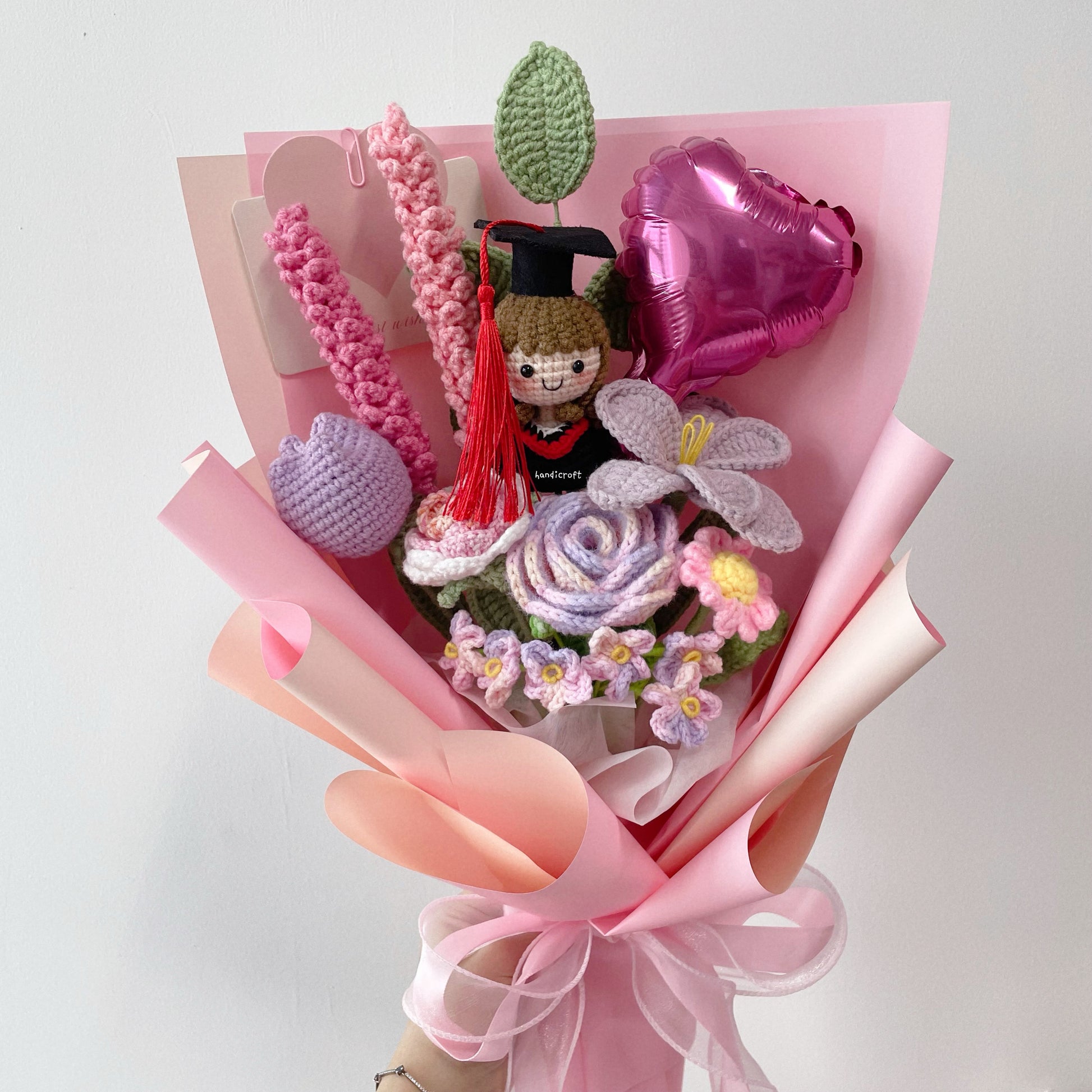 handicroft singapore crochet flower bouquet mixed petal triumph pink and purple pastel ombre theme