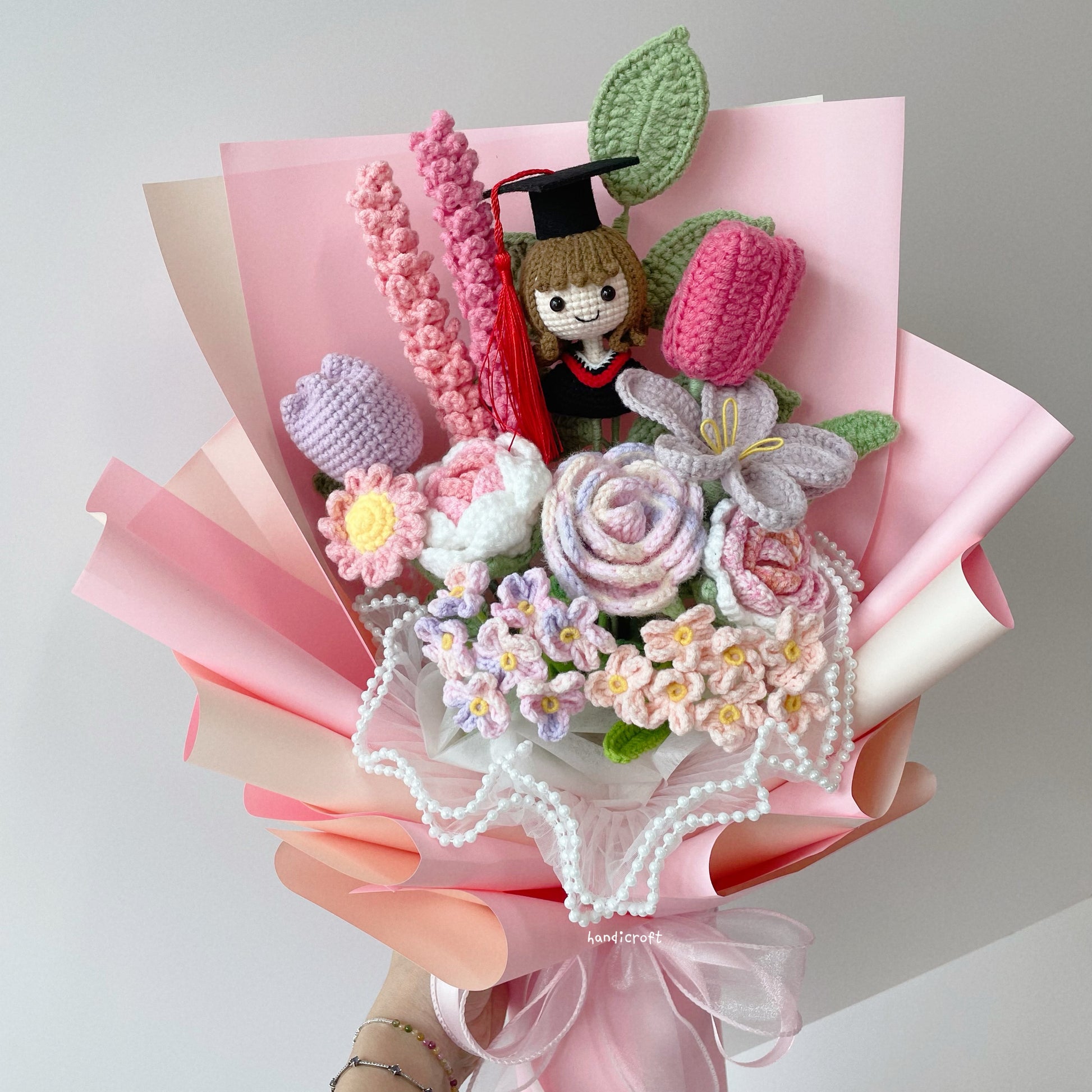 handicroft singapore crochet flower bouquet mixed petal triumph pink and purple pastel ombre theme