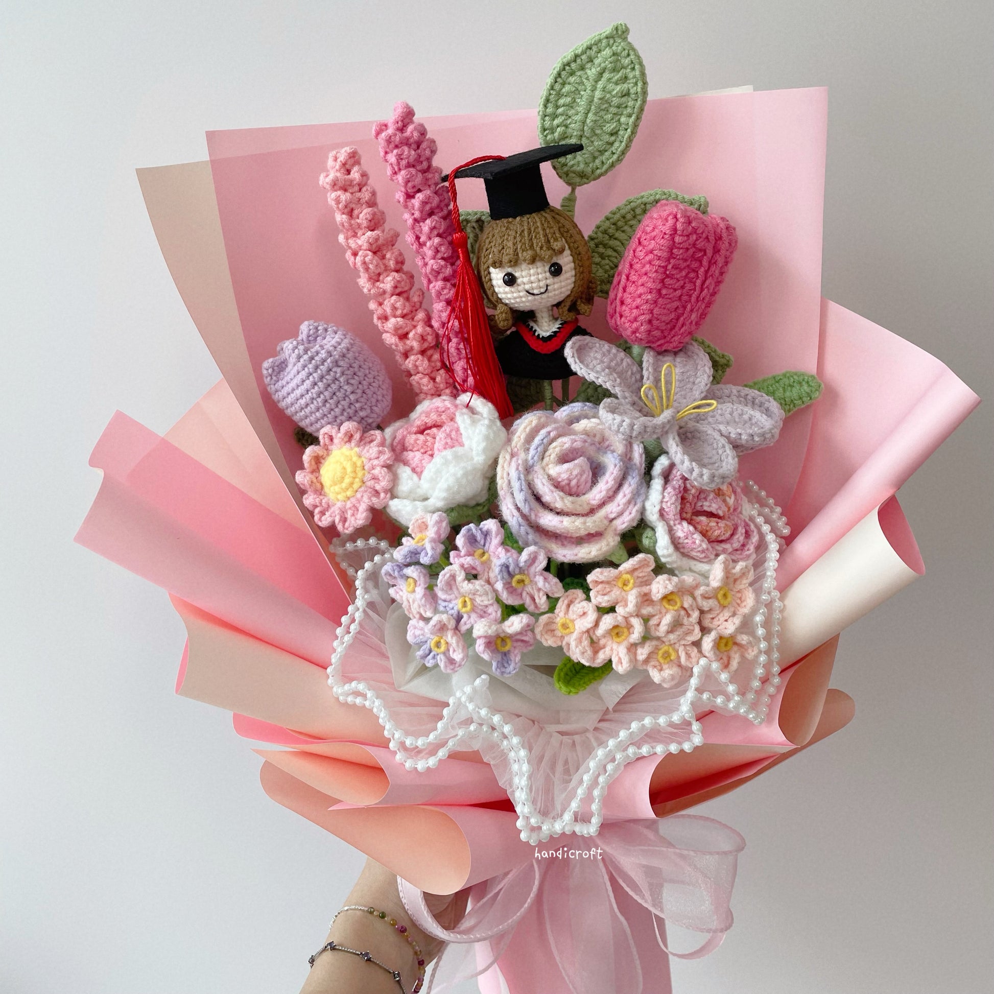 handicroft singapore crochet flower bouquet mixed petal triumph pink and purple pastel ombre theme