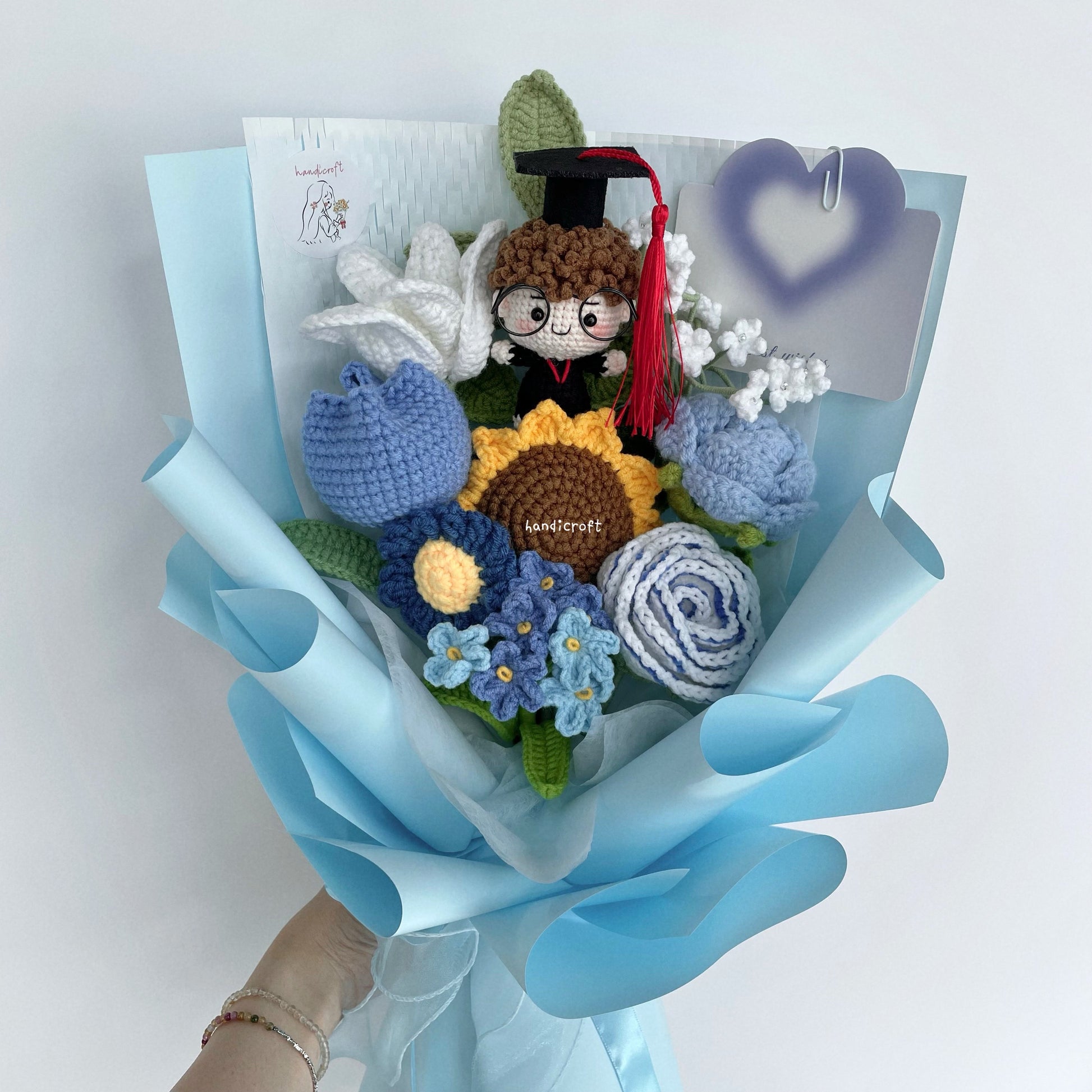 handicroft singapore crochet graduation flower bouquet memories in bloom girl boy graduate doll blue