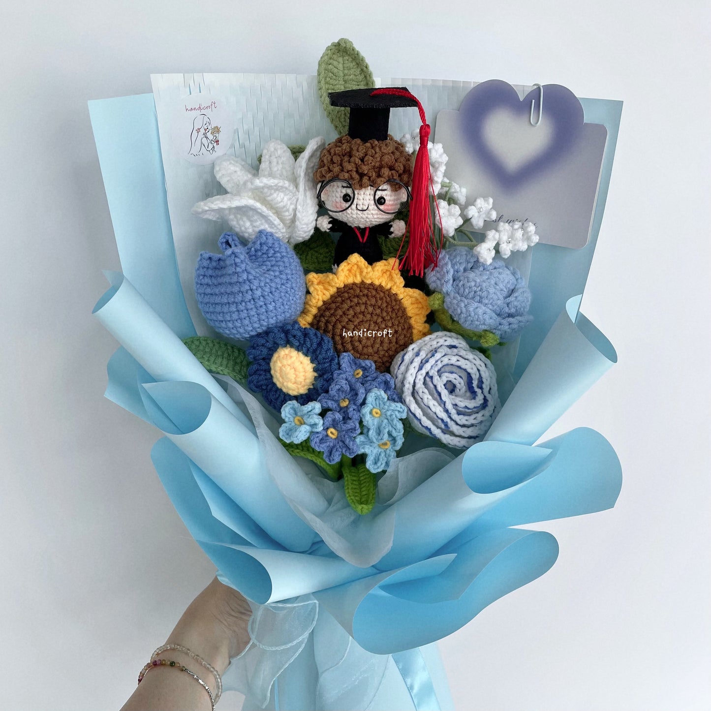handicroft singapore crochet graduation flower bouquet memories in bloom girl boy graduate doll blue