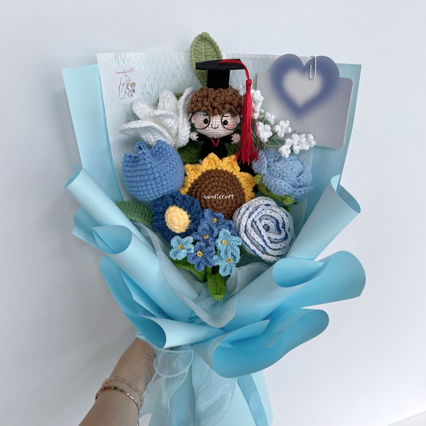 handicroft singapore crochet graduation flower bouquet memories in bloom girl boy graduate doll blue