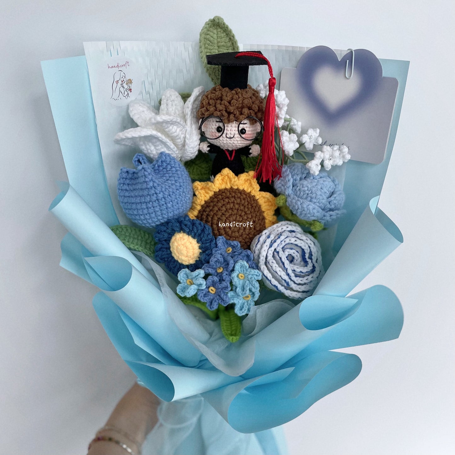 handicroft singapore crochet graduation flower bouquet memories in bloom girl boy graduate doll blue