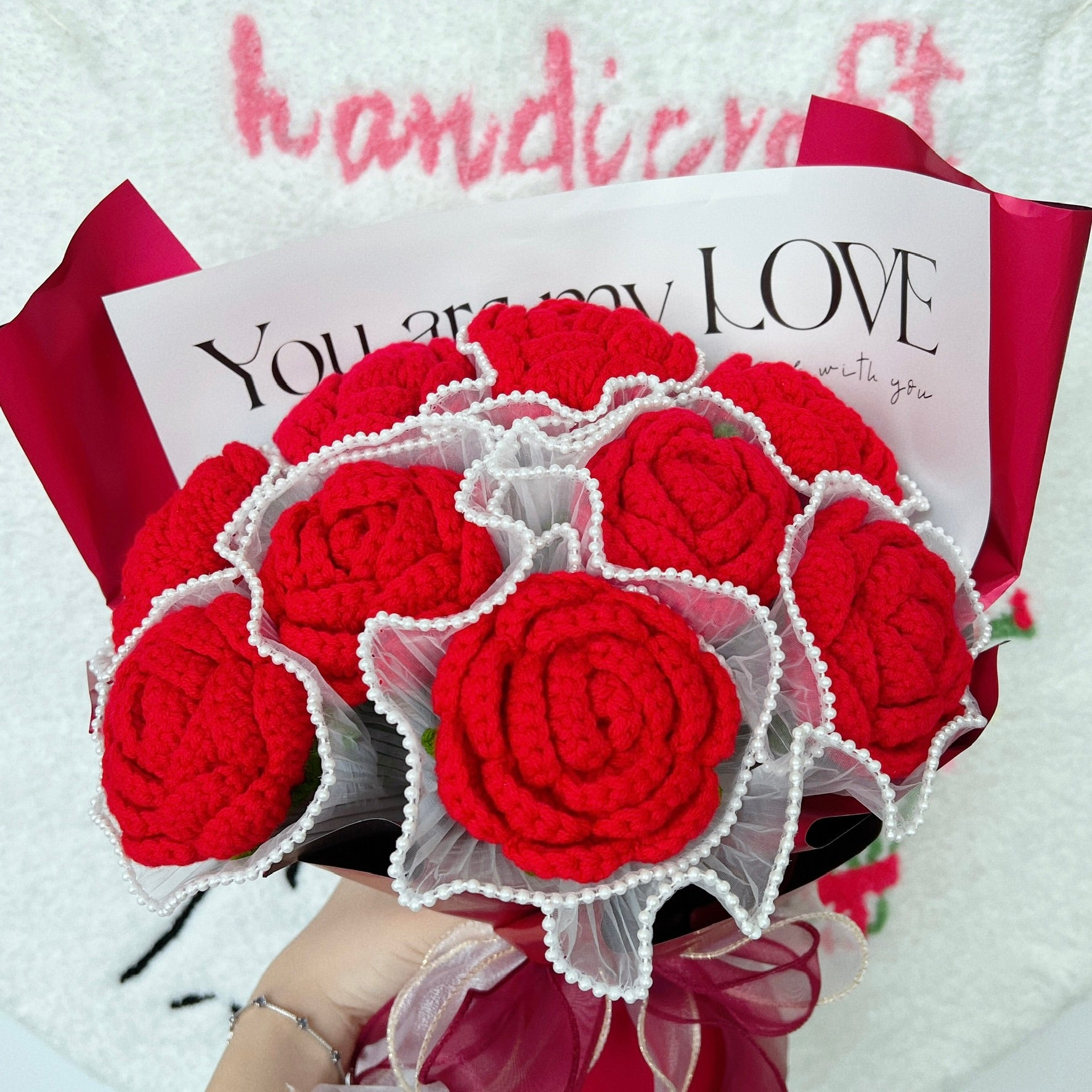 handicroft singapore handmade crochet 9 red roses flower bouquet cherry love