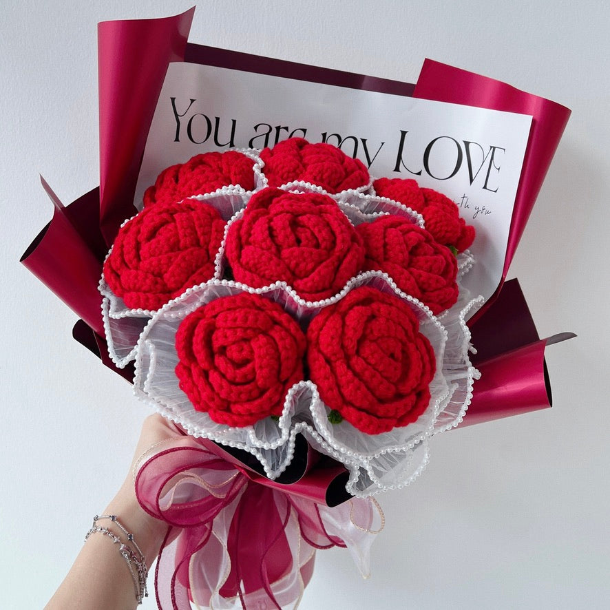 handicroft singapore handmade crochet 9 red roses flower bouquet cherry love