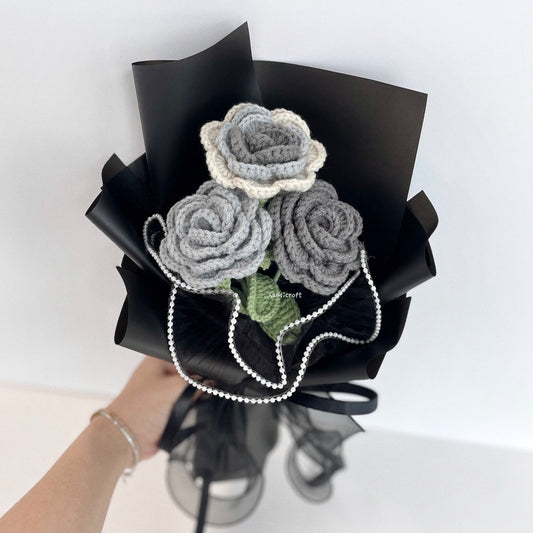 handicroft singapore handmade crochet affordable grey roses flower bouquet moonlight