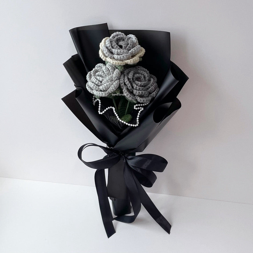 handicroft singapore handmade crochet affordable grey roses flower bouquet moonlight