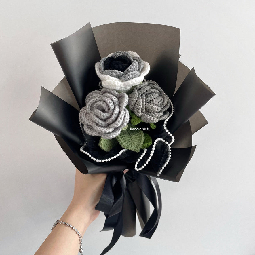 handicroft singapore handmade crochet affordable grey roses flower bouquet moonlight