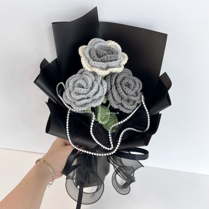 handicroft singapore handmade crochet affordable grey roses flower bouquet moonlight