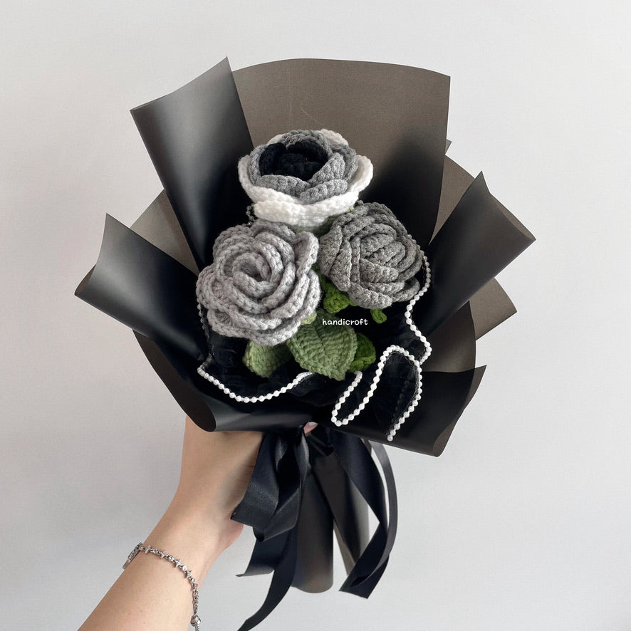 handicroft singapore handmade crochet affordable grey roses flower bouquet moonlight