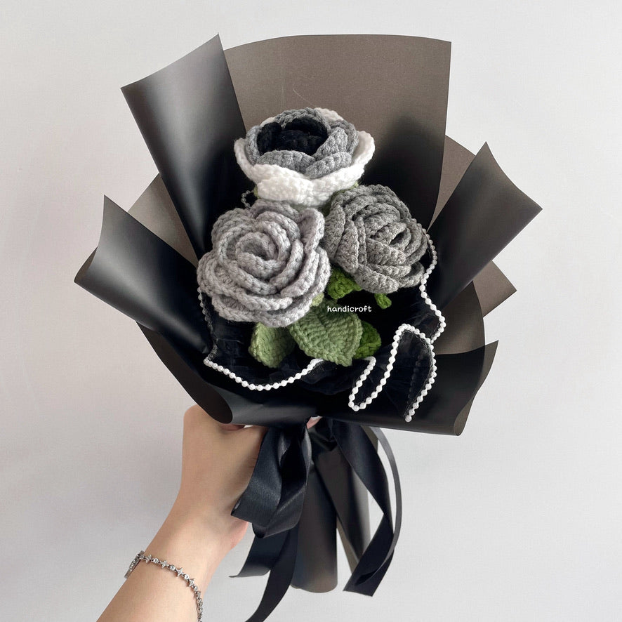 handicroft singapore handmade crochet affordable grey roses flower bouquet moonlight