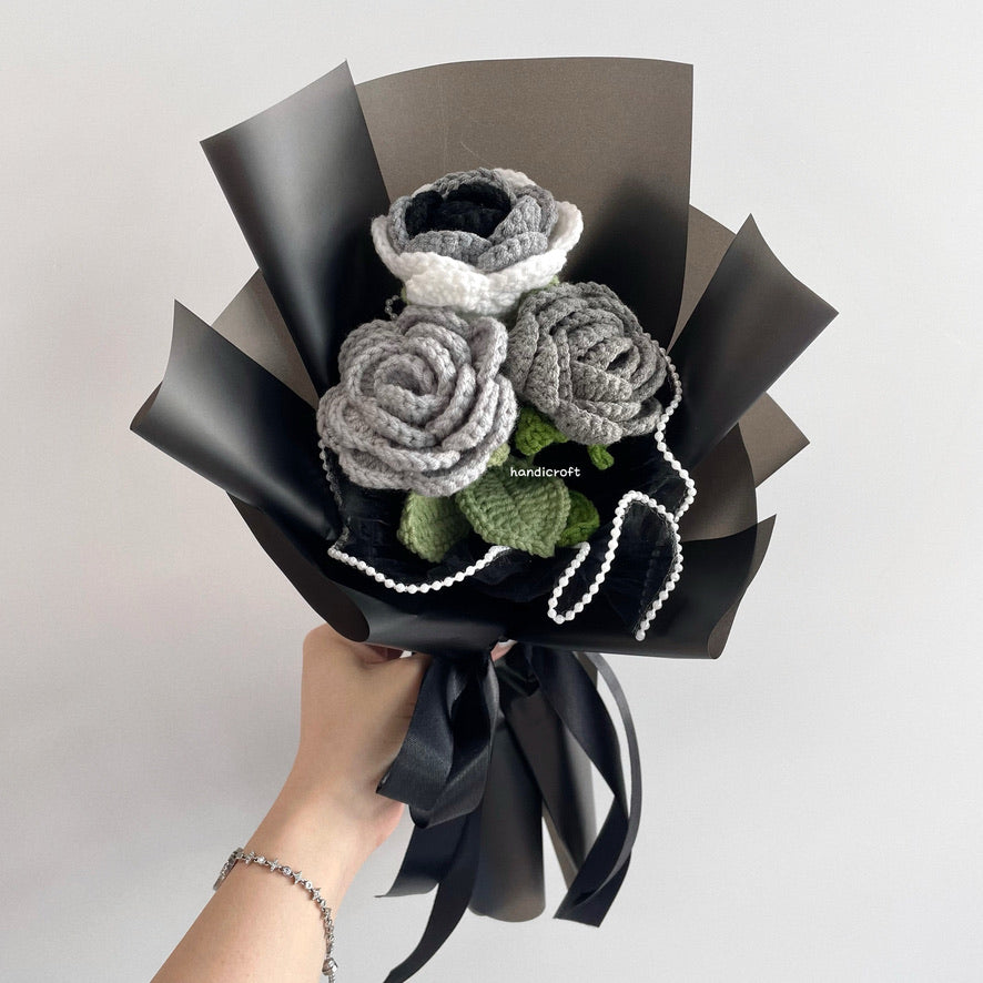 handicroft singapore handmade crochet affordable grey roses flower bouquet moonlight