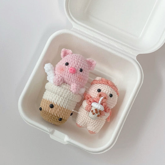 handicroft singapore handmade crochet amigurumi keychain animal pig bubbletea bbt drink