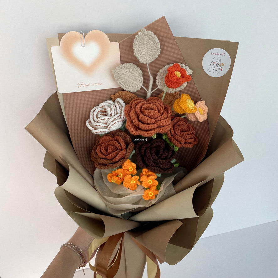 handicroft handmade crochet brown vintage flower bouquet - latte love