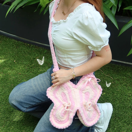 handicroft singapore handmade crochet butterfly sling bag accessory pink