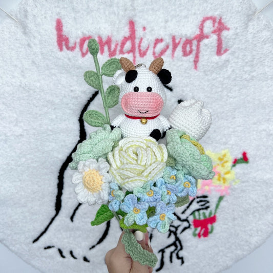 handicroft singapore handmade crochet cow character amigurumi flower bouquet moo in bloom green