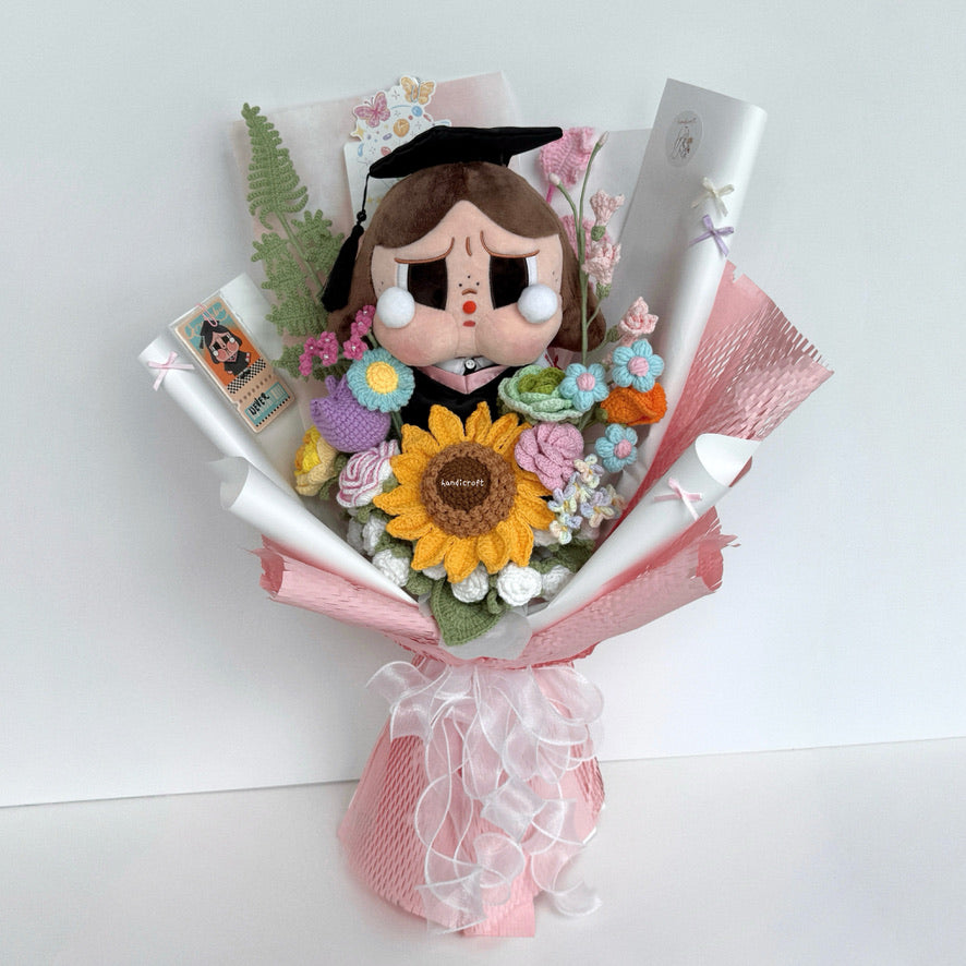 handicroft singapore handmade crochet crybaby graduation flower bouquet crybaby's happy tears pastel theme