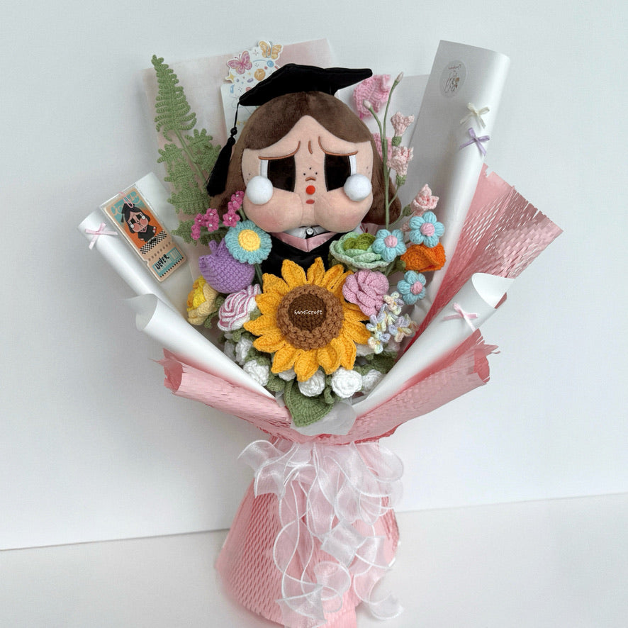 handicroft singapore handmade crochet crybaby graduation flower bouquet crybaby's happy tears pastel theme