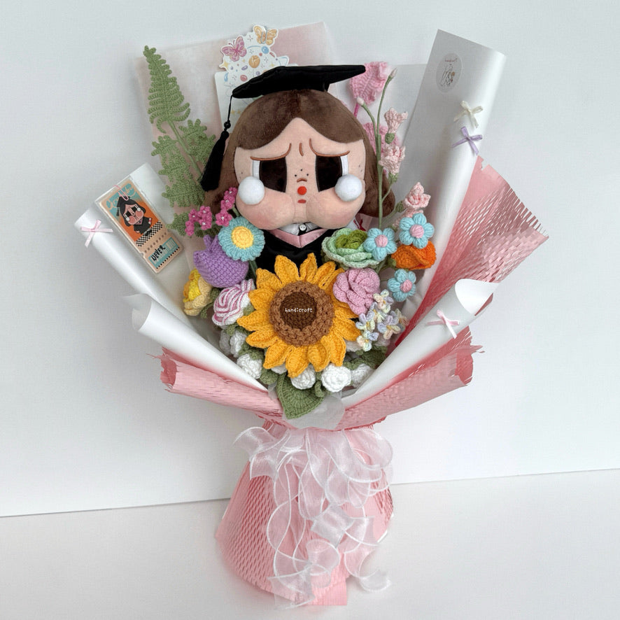 handicroft singapore handmade crochet crybaby graduation flower bouquet crybaby's happy tears pastel theme