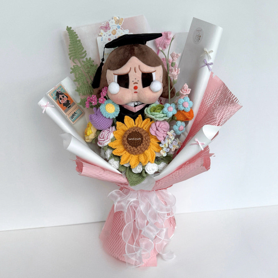 handicroft singapore handmade crochet crybaby graduation flower bouquet crybaby's happy tears pastel theme