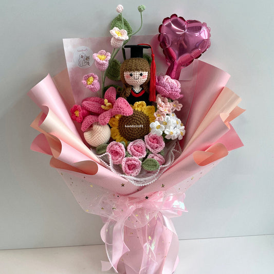handicroft singapore handmade crochet everlasting graduation flower bouquet cherished memories 6 colours pink