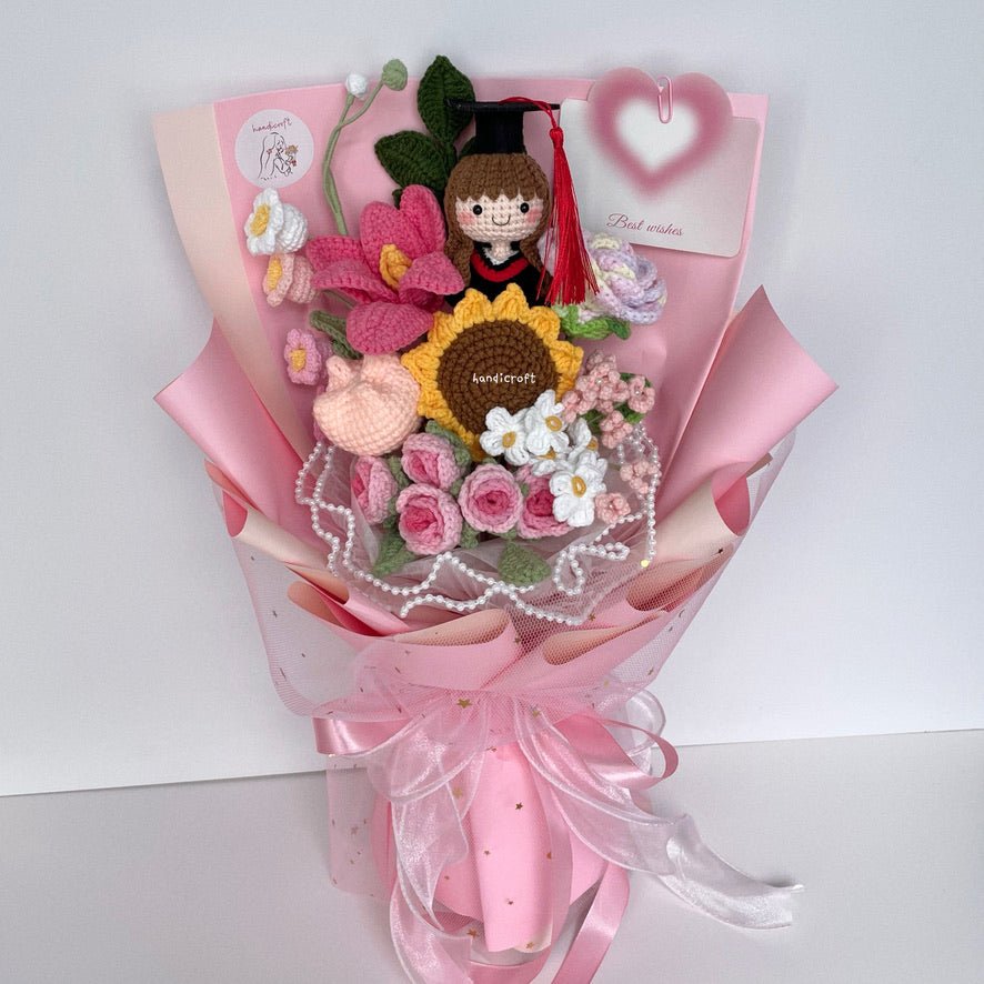 handicroft singapore handmade crochet everlasting graduation flower bouquet cherished memories 6 colours pink