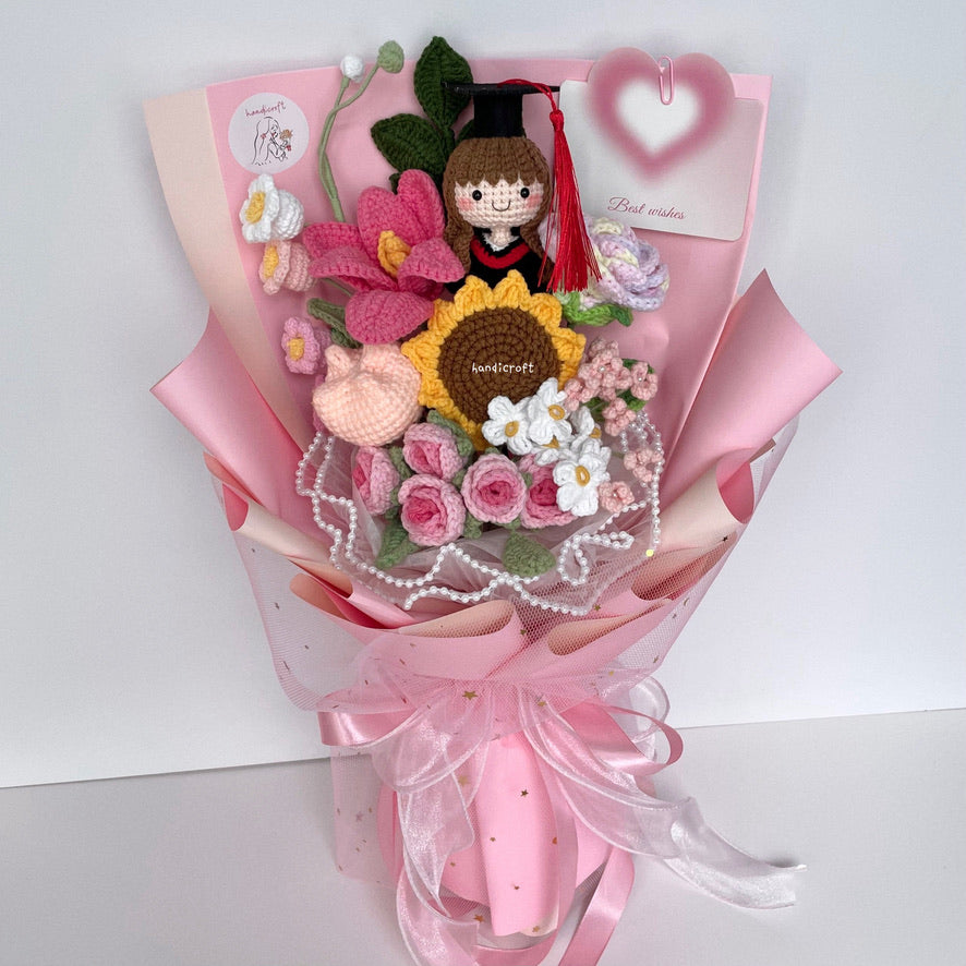 handicroft singapore handmade crochet everlasting graduation flower bouquet cherished memories 6 colours pink