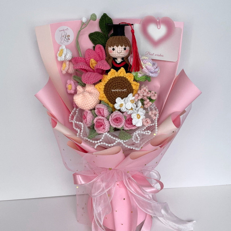 handicroft singapore handmade crochet everlasting graduation flower bouquet cherished memories 6 colours pink