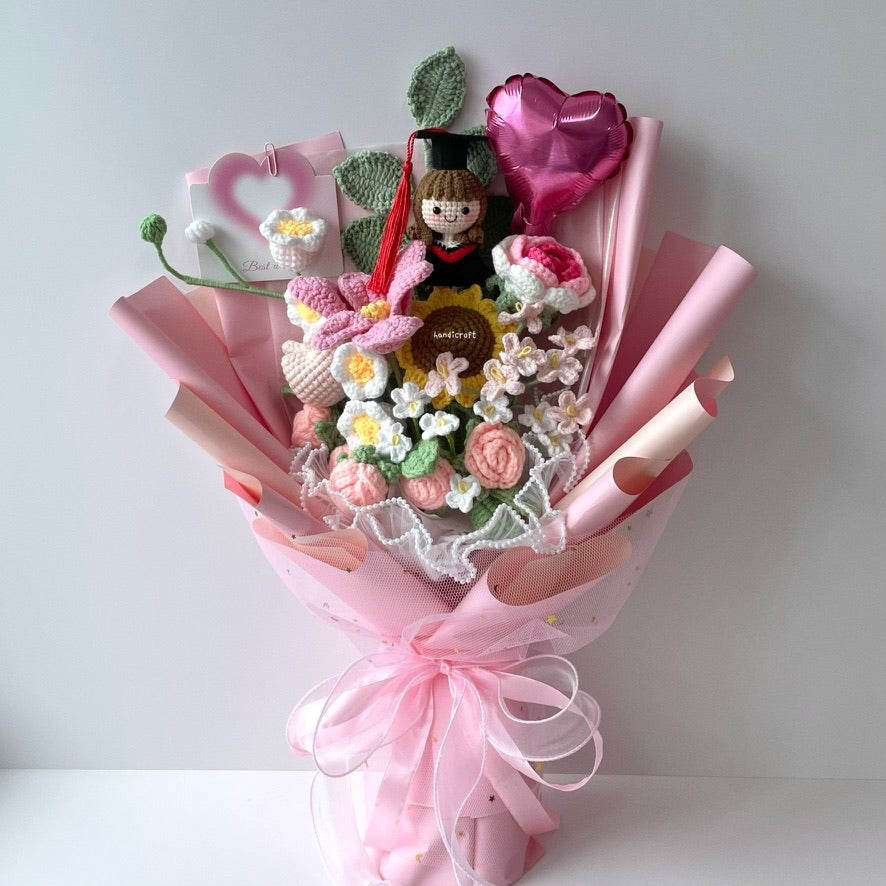 handicroft singapore handmade crochet everlasting graduation flower bouquet cherished memories in 6 colours big pink
