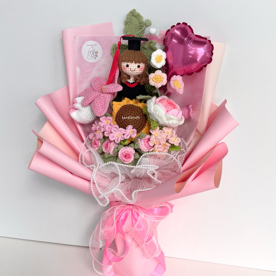 handicroft singapore handmade crochet everlasting graduation flower bouquet cherished memories in 6 colours big pink