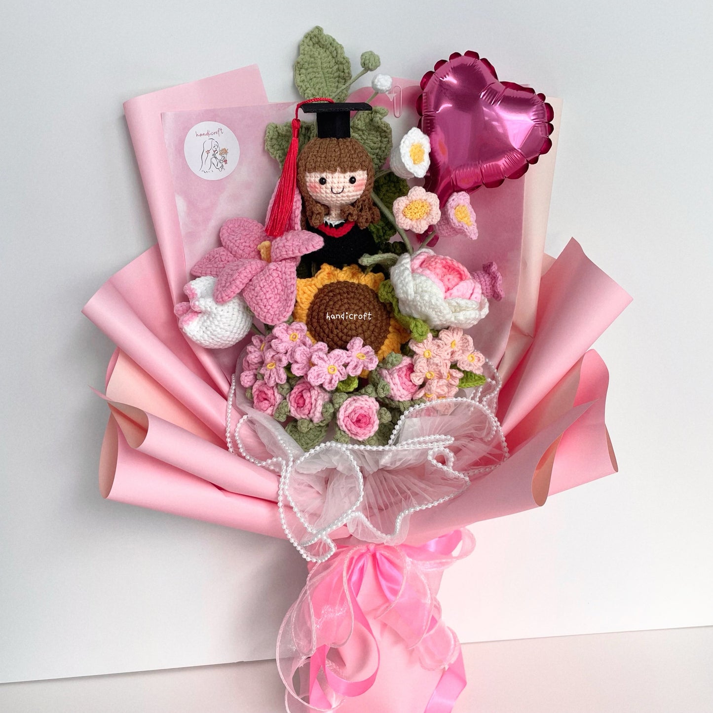 handicroft singapore handmade crochet everlasting graduation flower bouquet cherished memories in 6 colours big pink