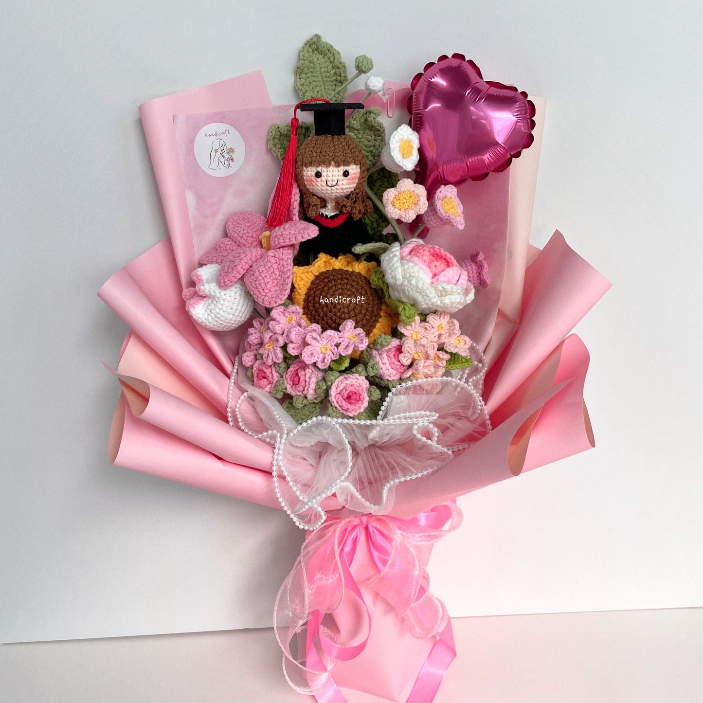 handicroft singapore handmade crochet everlasting graduation flower bouquet cherished memories in 6 colours big pink
