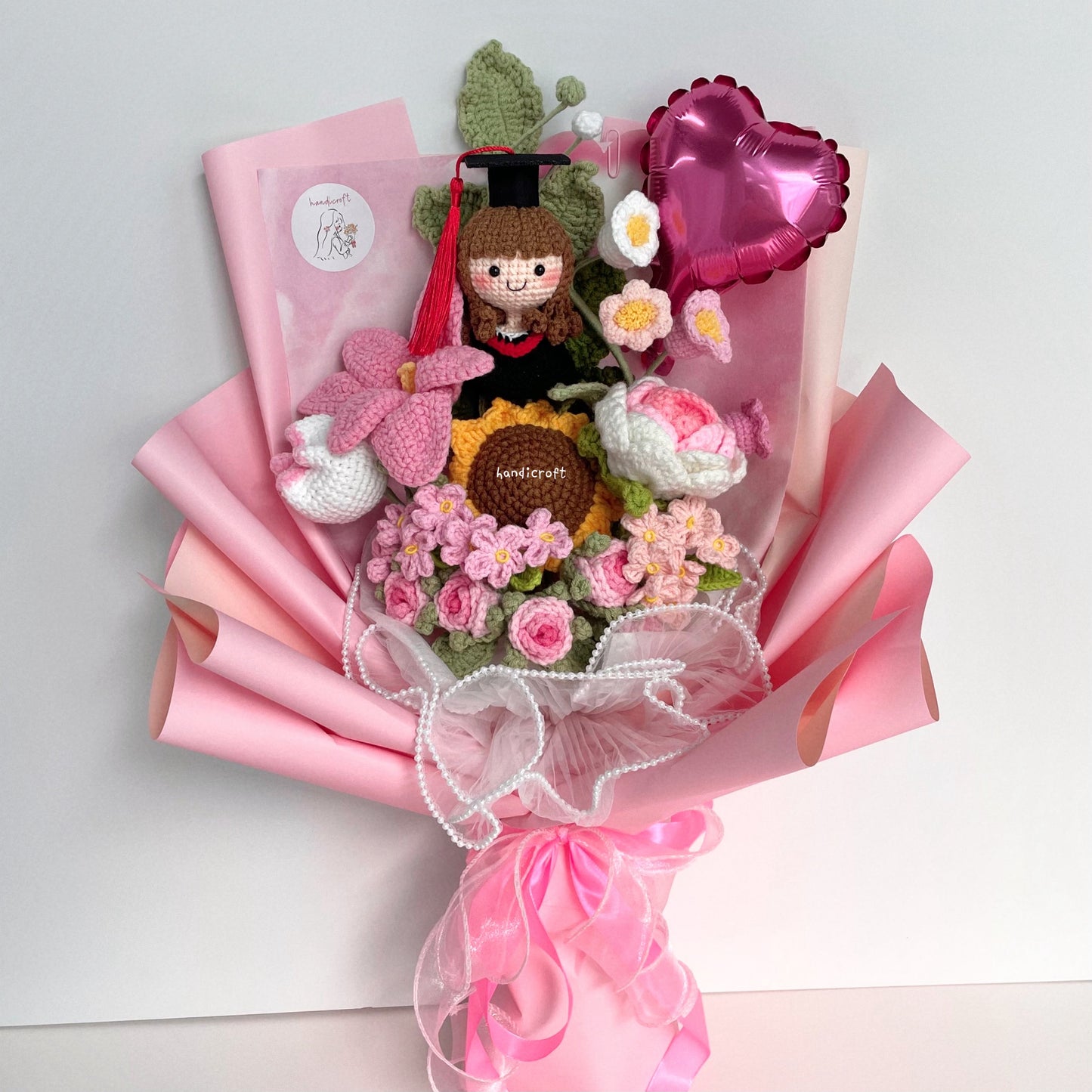 handicroft singapore handmade crochet everlasting graduation flower bouquet cherished memories in 6 colours big pink