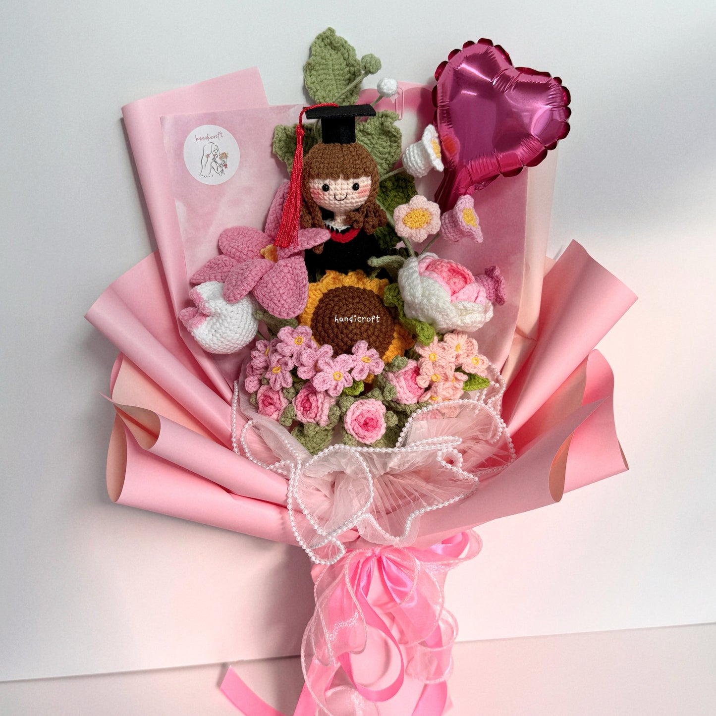 handicroft singapore handmade crochet everlasting graduation flower bouquet cherished memories in 6 colours big pink