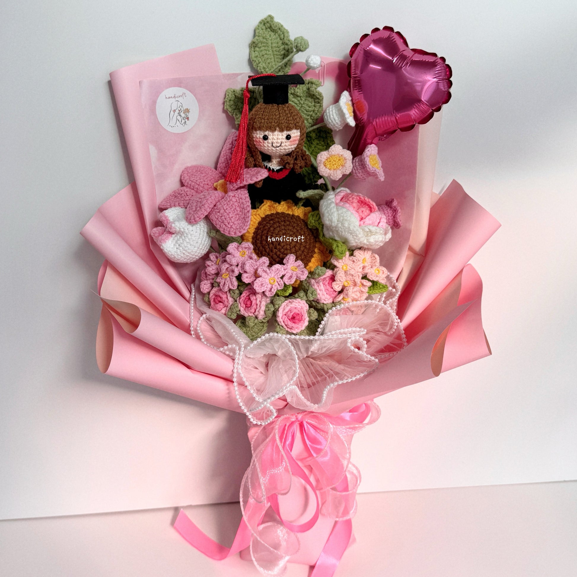 handicroft singapore handmade crochet everlasting graduation flower bouquet cherished memories in 6 colours big pink