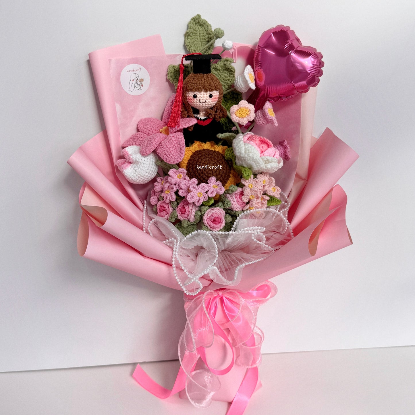 handicroft singapore handmade crochet everlasting graduation flower bouquet cherished memories in 6 colours big pink