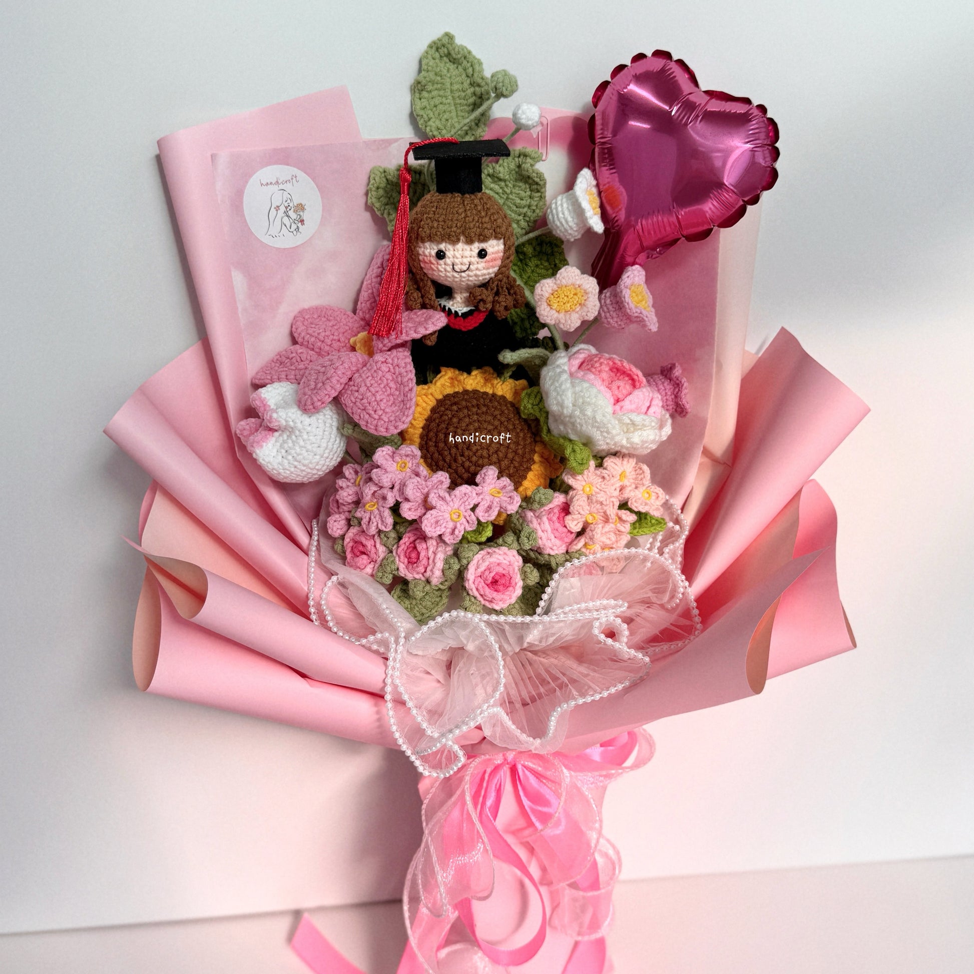 handicroft singapore handmade crochet everlasting graduation flower bouquet cherished memories in 6 colours big pink