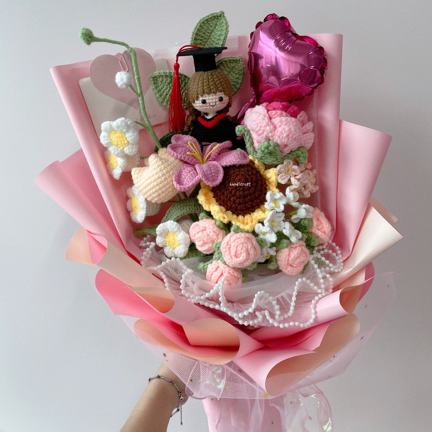 handicroft singapore handmade crochet everlasting graduation flower bouquet cherished memories in 6 colours big pink