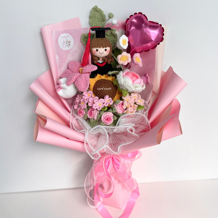 handicroft singapore handmade crochet everlasting graduation flower bouquet cherished memories in 6 colours big pink