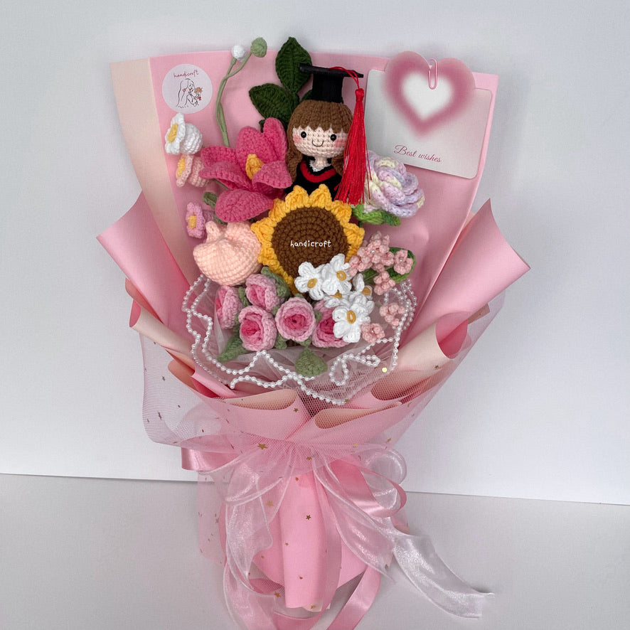 handicroft singapore handmade crochet everlasting graduation flower bouquet cherished memories in 6 colours big pink