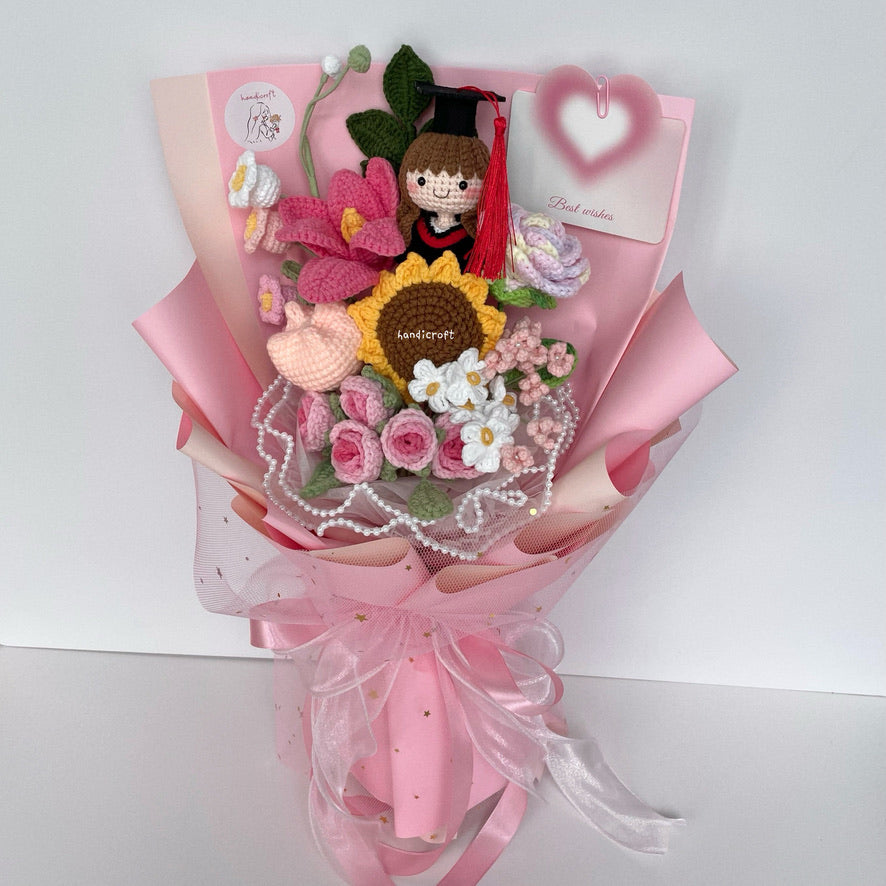 handicroft singapore handmade crochet everlasting graduation flower bouquet cherished memories in 6 colours big pink