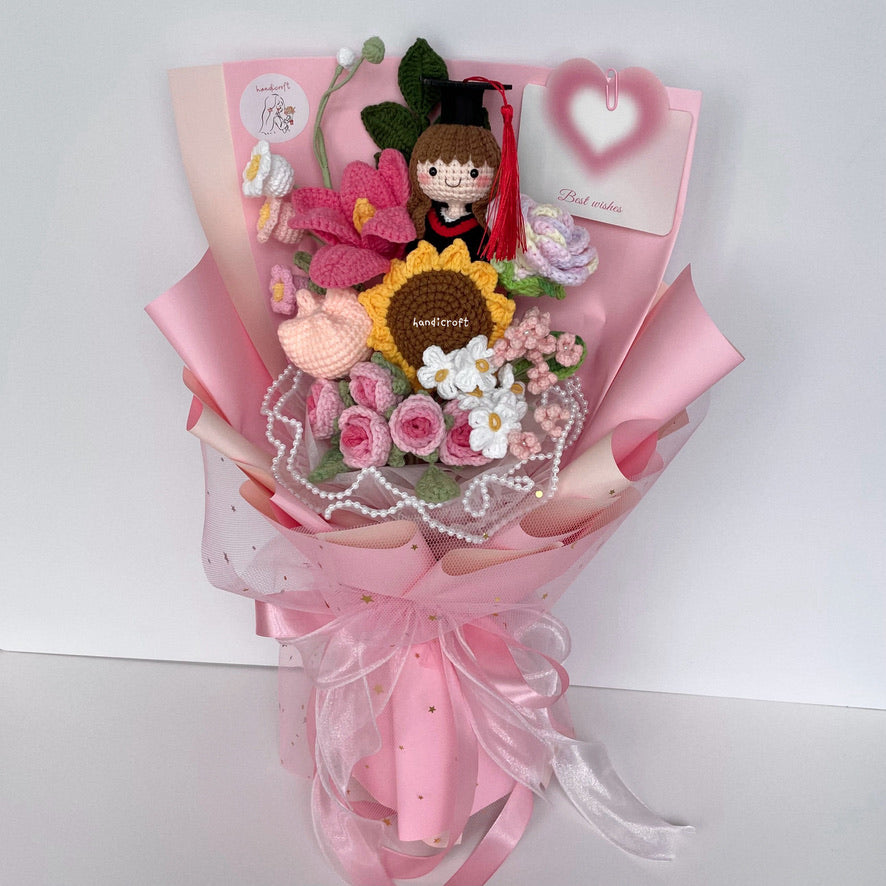 handicroft singapore handmade crochet everlasting graduation flower bouquet cherished memories in 6 colours big pink